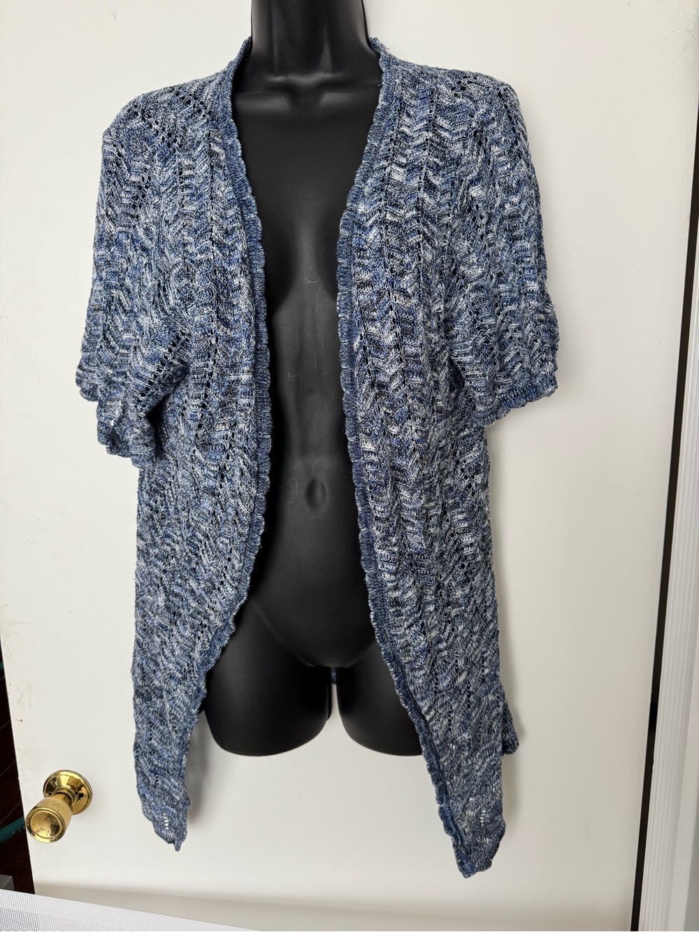 dressbarn Blue Marled Open-Front Short Sleeve Knit Cardigan